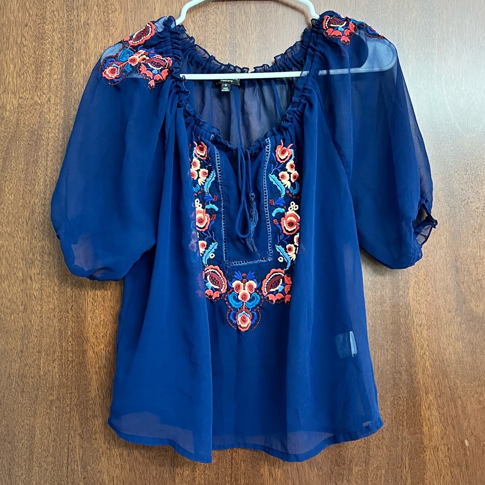 Romeo + Juliet Couture‎ Navy Blue Embroidered Sheer Top Size S